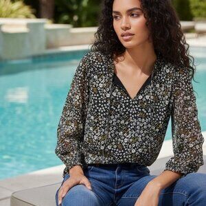 LOFT Womens Plus Size 20 Black Floral Chiffon Blouse Whimsigoth Fairy